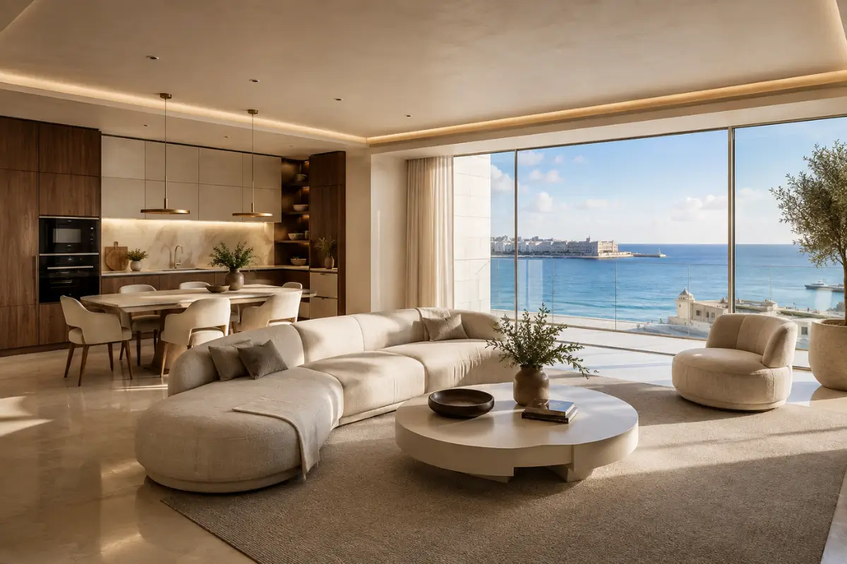 Luxury interior design Malta featuring a modern Sliema penthouse living room with cream furniture, marble floors, walnut cabinetry and Mediterranean sea views