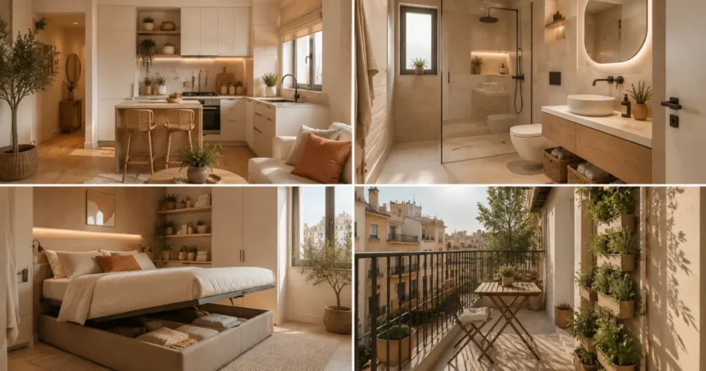 Luxury collage of a modern small apartment in Malta featuring a compact kitchen, minimalist bathroom, space-saving bedroom with storage bed, and Mediterranean balcony with foldable furniture and vertical plants.