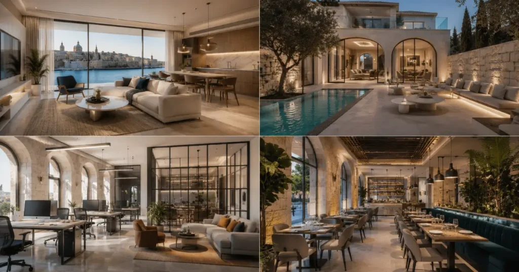 Split-scene comparison of four premium Malta interiors featuring a modern apartment, luxury villa, stylish office workspace, and elegant restaurant with contemporary European design.