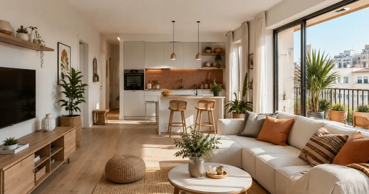 Modern small apartment interior design in Malta featuring an open-plan living room and compact kitchen with Scandinavian and Mediterranean style, light oak flooring, terracotta accents, large windows, indoor plants, and luxury minimalist décor.