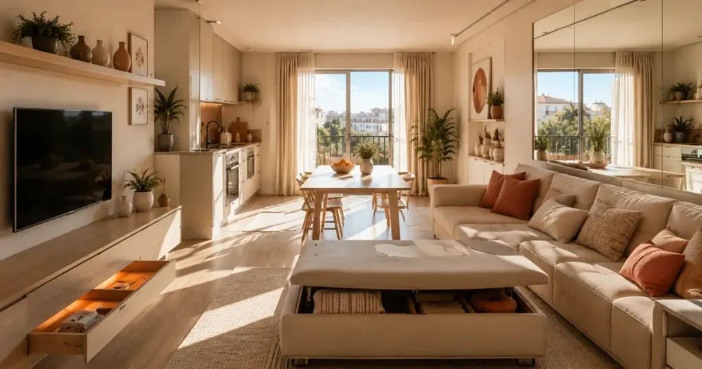 Space-saving small apartment interior design in Malta featuring a multifunctional sofa, floating shelves, wall-mounted TV, extendable dining table, hidden storage, large mirrors, Mediterranean sunlight, and Scandinavian-inspired luxury décor.