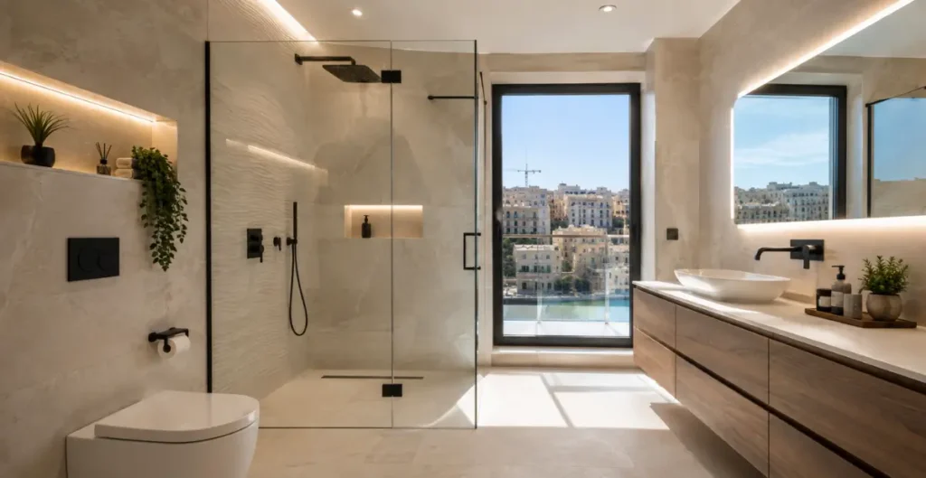 Premium bathroom renovation in Malta featuring porcelain tiles, a frameless walk-in glass shower, floating wooden vanity with LED mirror, matte black fixtures, and a modern luxury interior.