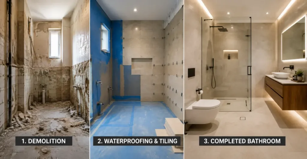 Split-scene showing the bathroom renovation process in Malta from demolition and waterproofing to a completed luxury bathroom with porcelain tiles, walk-in glass shower, floating vanity, LED mirror, and matte black fixtures.