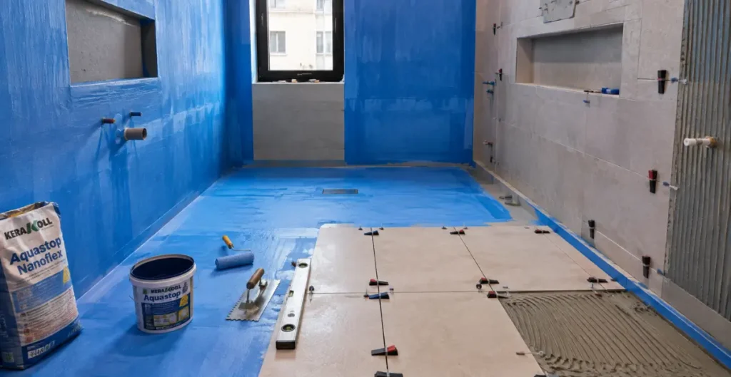 Professional bathroom waterproofing in Malta showing waterproof membrane applied to bathroom walls and floor before porcelain tile installation, with construction tools and partially installed tiles.