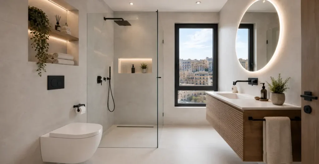 Compact luxury apartment bathroom renovation in Malta featuring a wall-hung toilet, floating wooden vanity, frameless walk-in glass shower, round LED mirror, recessed shelves, and large-format porcelain tiles in a modern Scandinavian style.