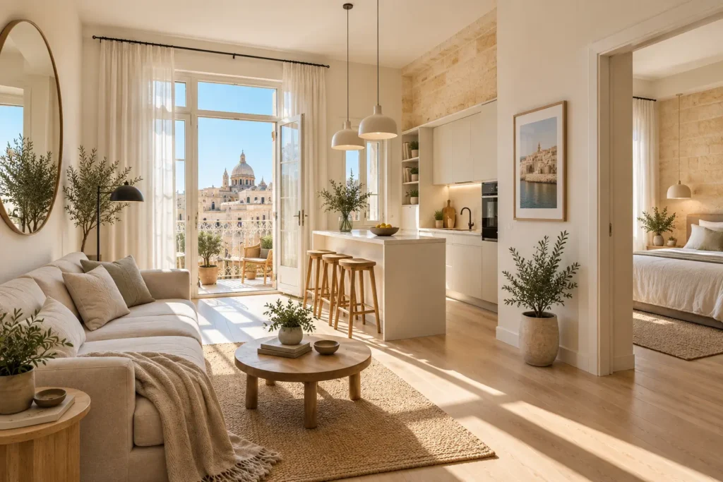 Modern Mediterranean apartment interior in Malta with warm neutral decor