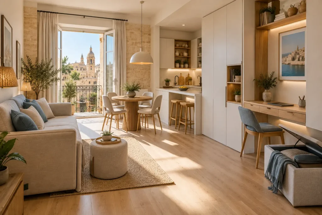 Small Malta apartment with space-saving furniture and Mediterranean interior design
