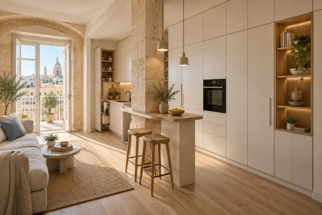 Compact Malta apartment with full-height built-in storage and limestone details
