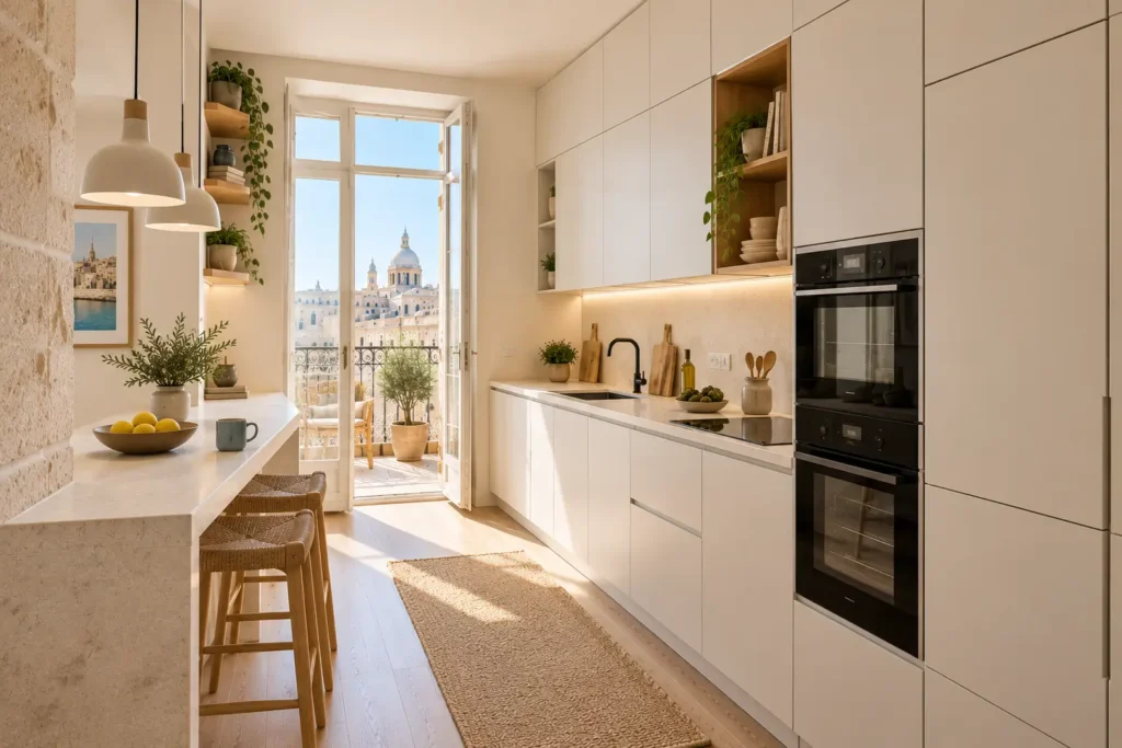 Small Malta apartment kitchen with minimalist Mediterranean design