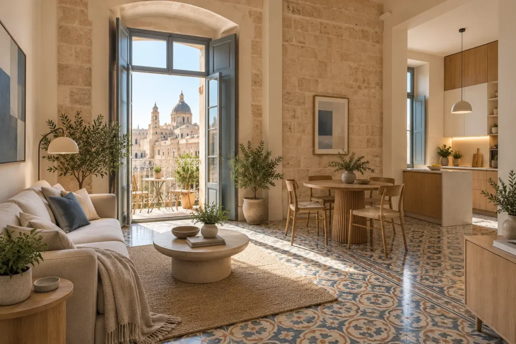 Historic Maltese apartment with limestone walls and traditional patterned floor tiles